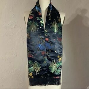 Floral Oriental Embroidered Black Silk Scarf